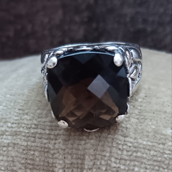 Silver Multi-faceted Brown Synthetic Stone Ring - Picture 1 of 14